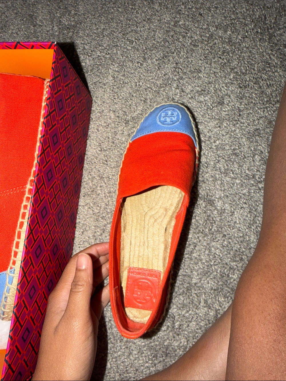 Tory Burch Red Canvas Espadrille with Light Blue Cap Toe